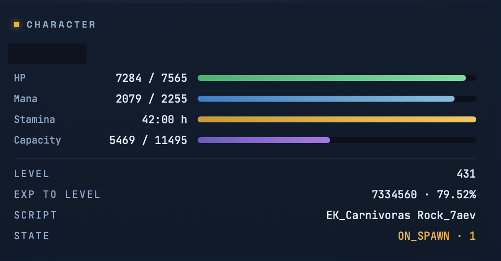 ORION Overview: Character vitals and current route state