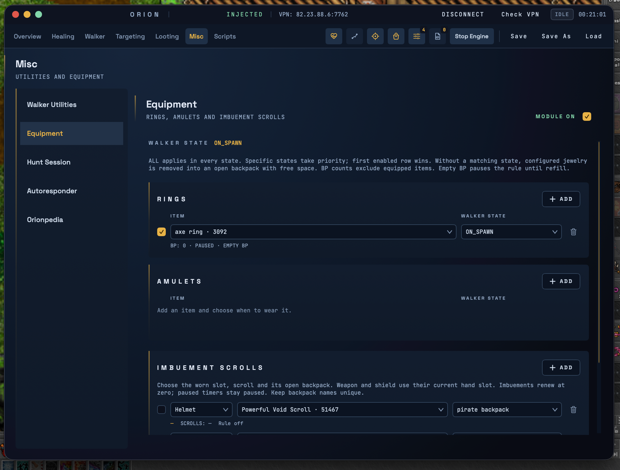 ORION application — Misc · Settings