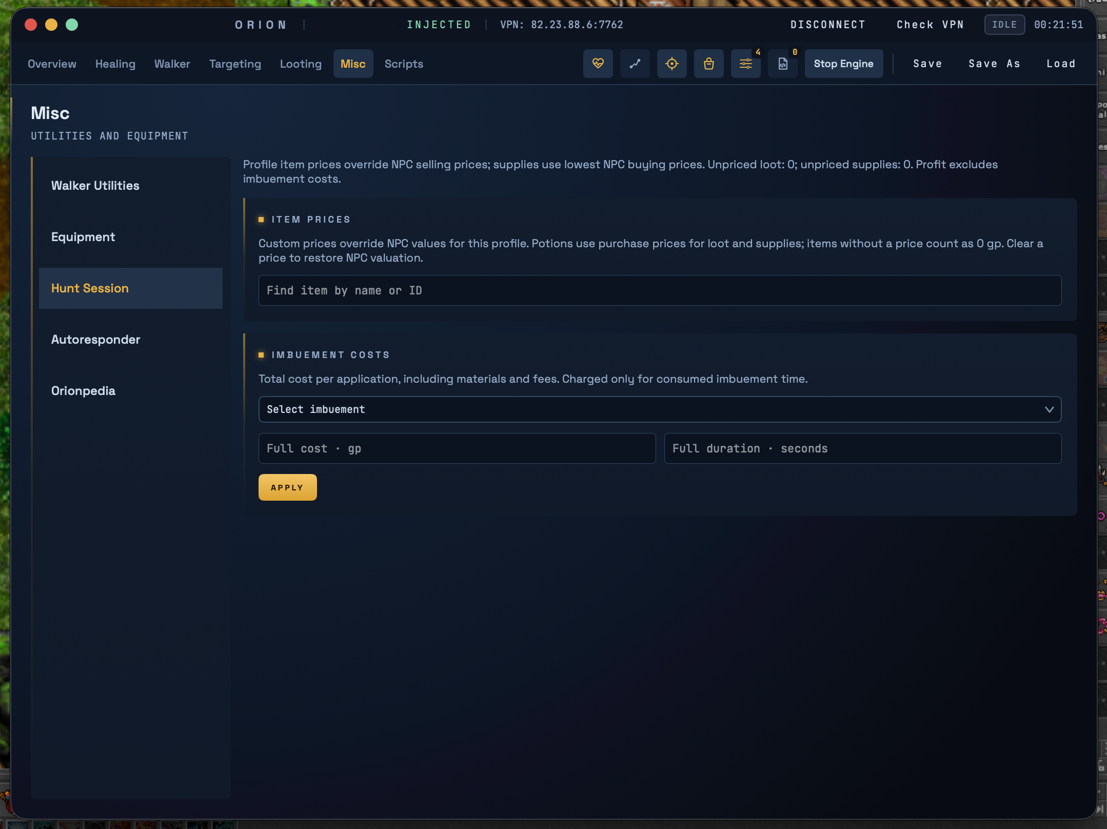 ORION application — Misc · Configuration